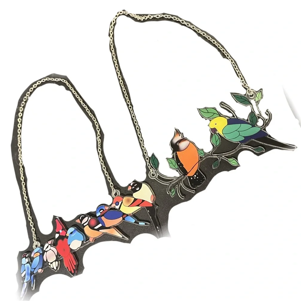 2 Piece Set of Wall Hanging Birds / Faux Stained Glass Look Effect w/ Chain